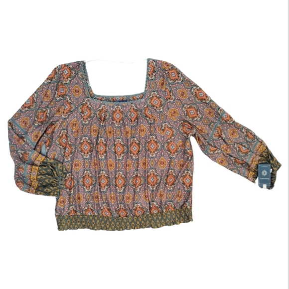 Democracy Bohemian Long Blouson Sleeve Smocked Hem Top Cottagecore - Picture 3 of 11